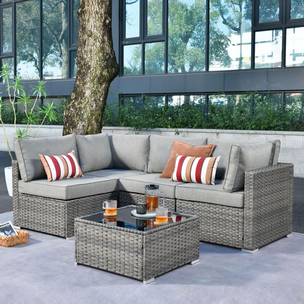 HOMLUX 5-Piece Patio Conversation Set with Grey Wicker in Dark Gray, , large