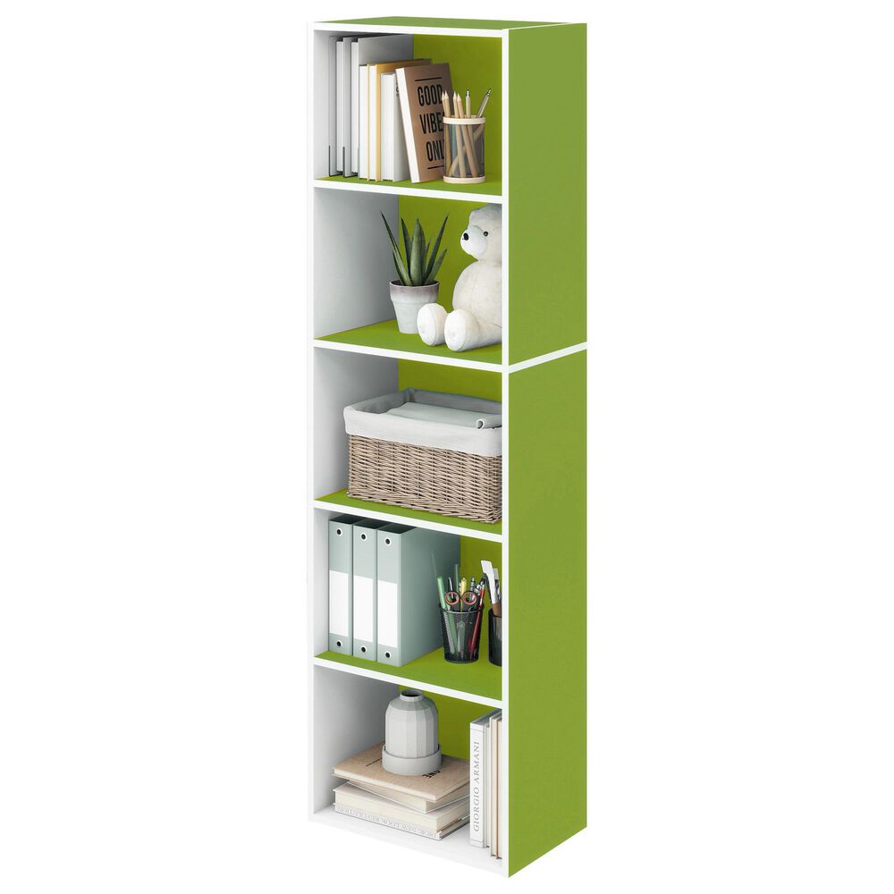 HOMLUX 5-Tier Reversible Bookshelf with Decorative Open Shelves in White and Green, , large