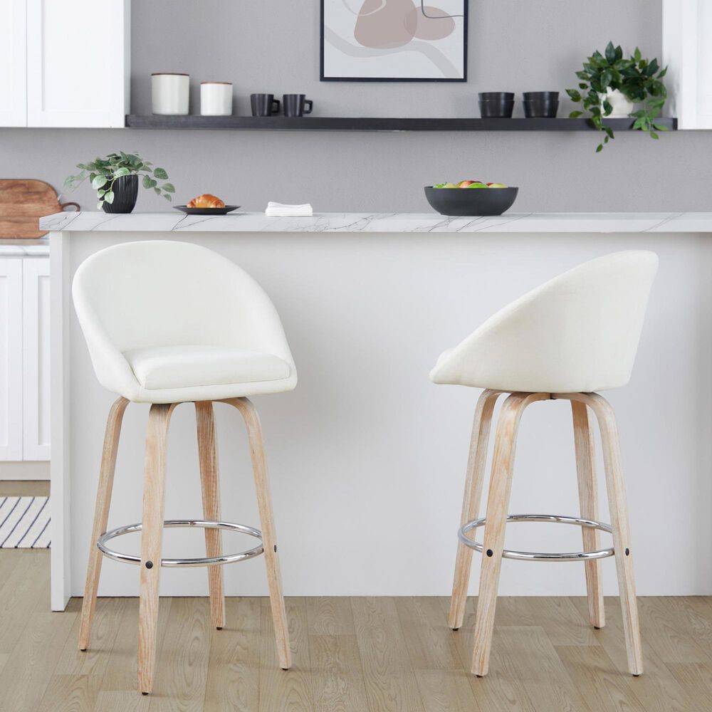LumiSource Matisse 30" Swivel Barstool with Cream Fabric Upholstery in Whitewashed and Chrome (Set of 2), , large