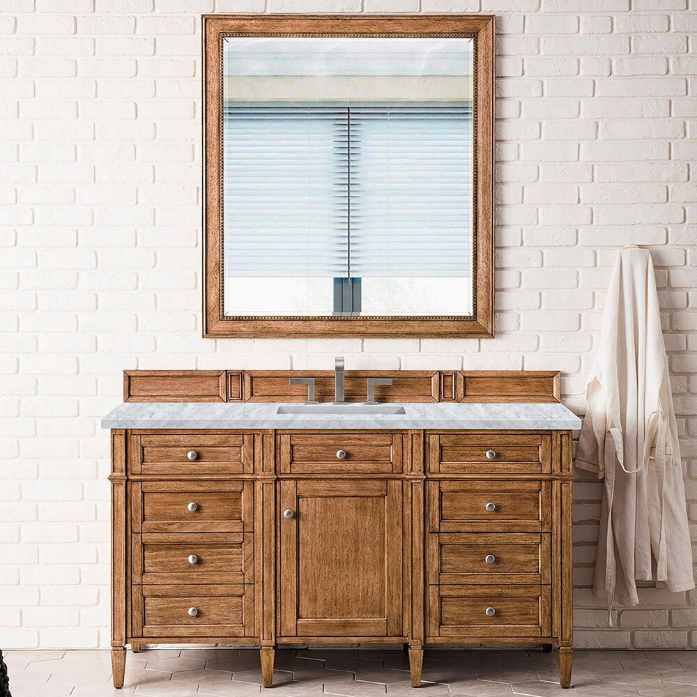 James Martin Vanities Brittany 60&quot; Single Bathroom Vanity in Saddle Brown with 3 cm Carrara White Marble Top and Rectangular Sink, , large