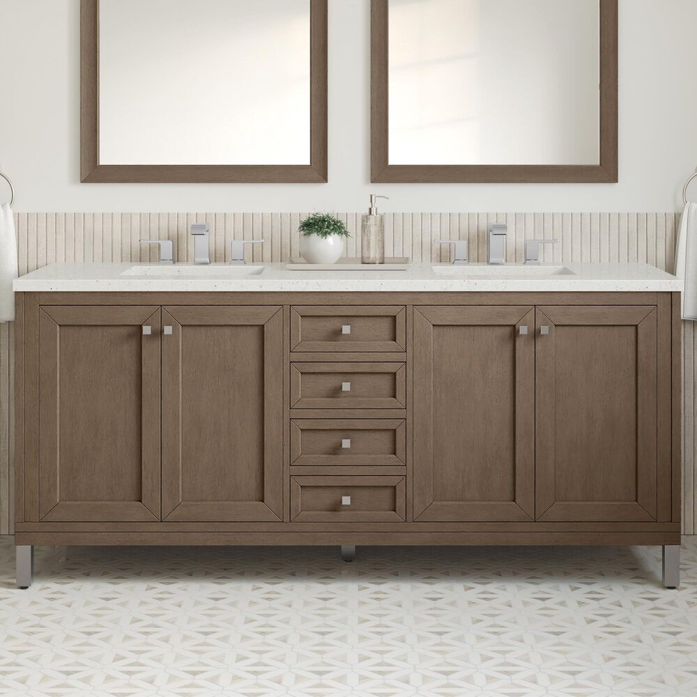 James Martin Vanities Chicago 72&quot; Double Bathroom Vanity in Whitewashed Walnut with 3 cm Lime Delight Quartz Top and Rectangular Sinks, , large