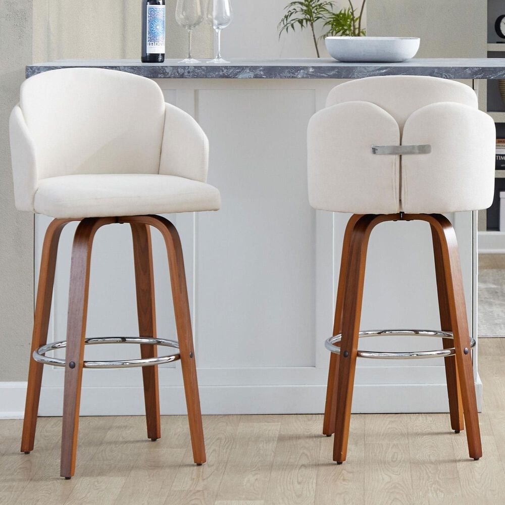 LumiSource Dahlia Swivel Bar Stool with Cream Fabric Upholstery in Walnut and Chrome (Set of 2), , large