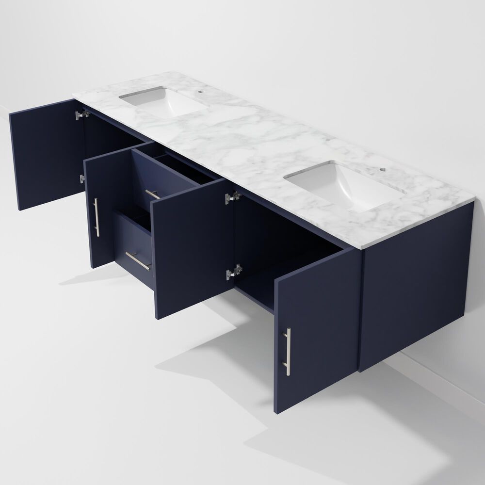 Lexora Home Geneva 72" Double Bathroom Vanity in Navy Blue with 2 cm White Carrara Marble Top and Rectangular Sinks, , large