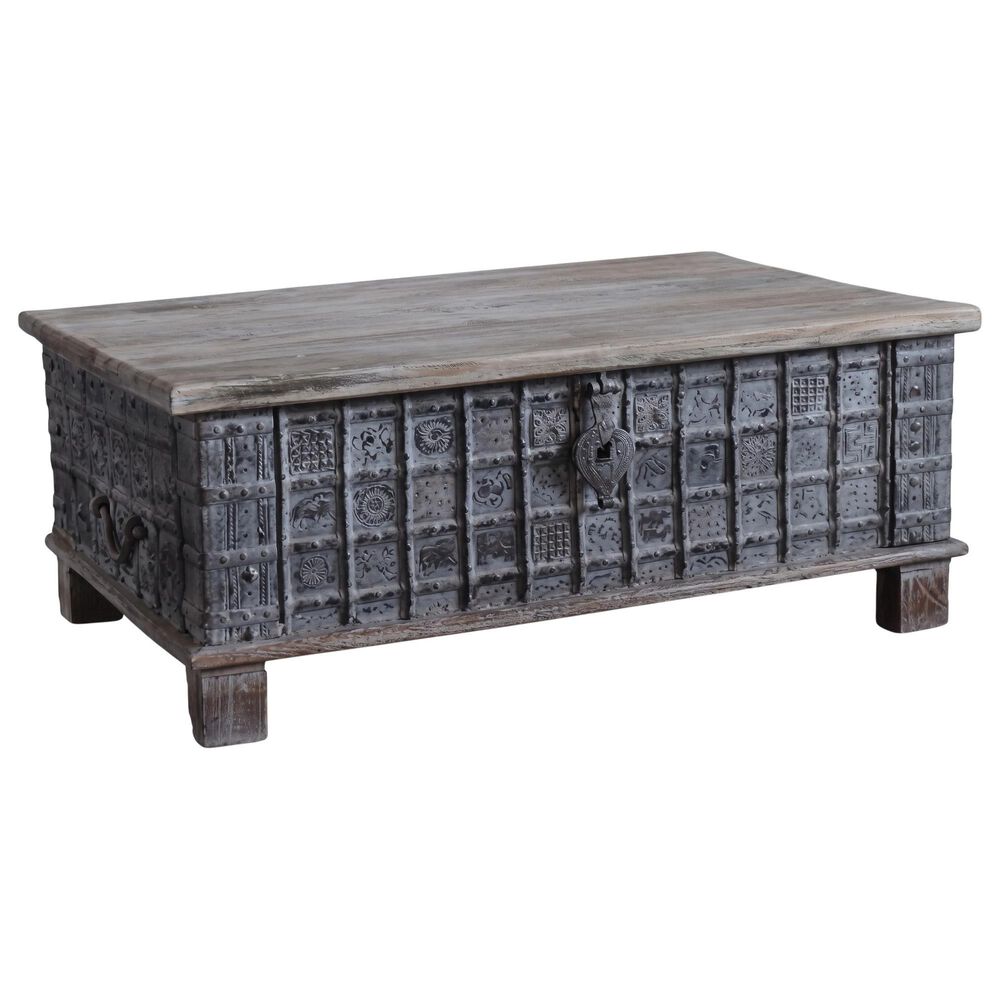 Jaipur Home One of a Kind Dowry Old World Storage Trunk in Grey and Brown, , large