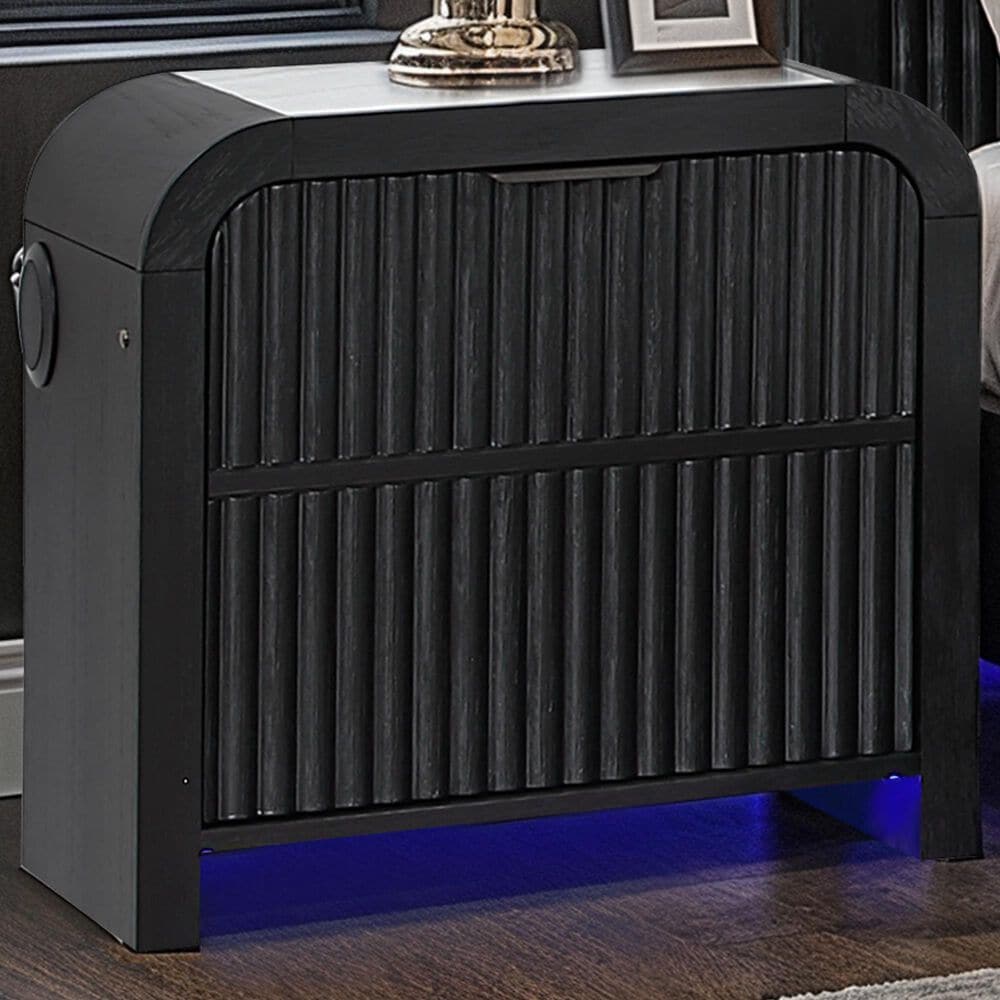 Modern Market Becket Wood and Faux Stone Nightstand with Speakers LED Lights and Refrigerator, , large