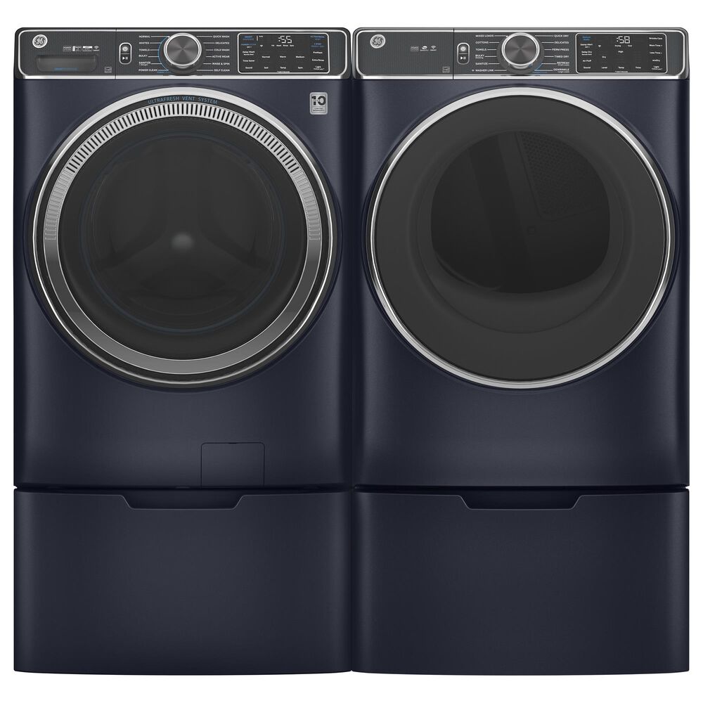 GE Appliances 5 Cu. Ft. Front Load Washer and 7.8 Cu. Ft. Gas Dryer Laundry Pair with Pedestal in Sapphire Blue, , large