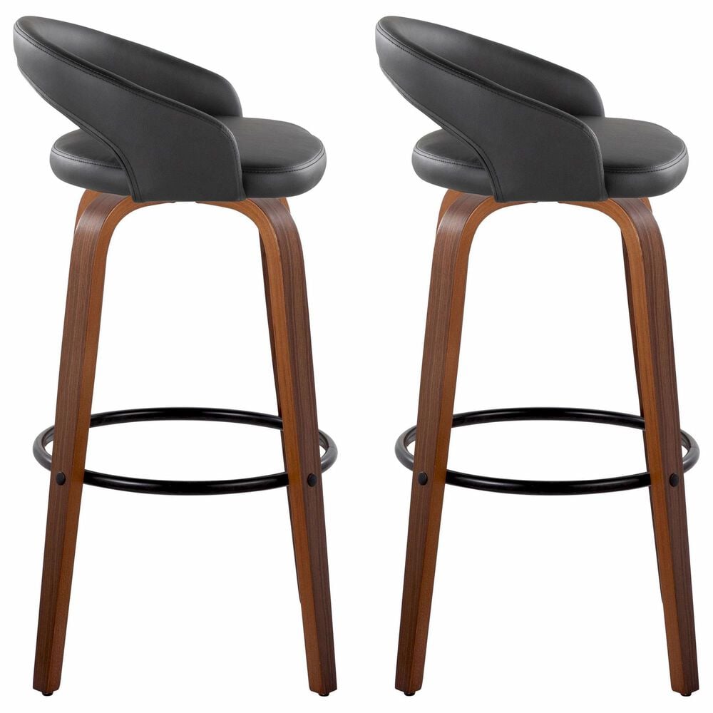 LumiSource Grotto Swivel Bar Stool with Black Faux Leather Upholstery in Walnut Wood and Black (Set of 2), , large