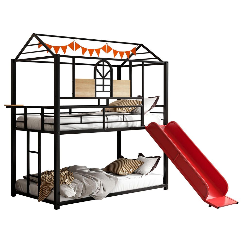 Hearth and Haven Twin over Twin House Bunk Bed with Built-in Slide in Black and Red, , large