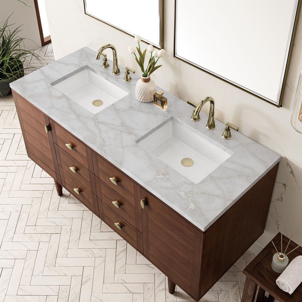 James Martin Vanities Amberly 60" Double Bathroom Vanity in Mid-Century Walnut with 3 cm Eternal Jasmine Pearl Silestone Top, Rectangular Sinks and FreePower Wireless Charger, , large