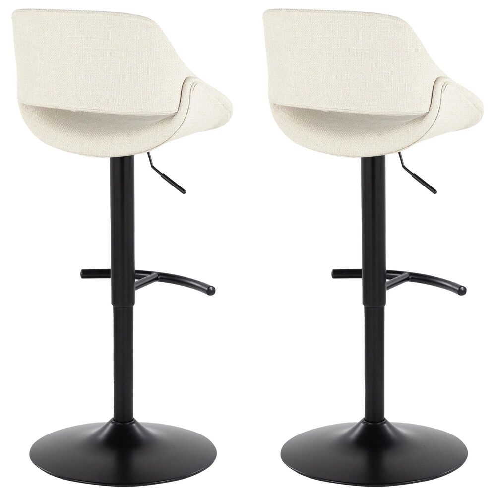 LumiSource Fabrico Swivel Adjustable Bar Stool with Cream Noise Fabric Upholstery and Rounded T Footrest in Black (Set of 2), , large