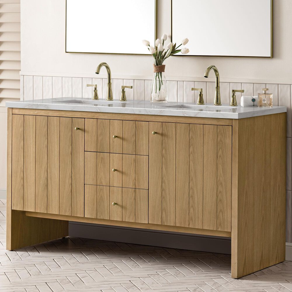James Martin Vanities Hudson 60" Double Bathroom Vanity in Light Natural Oak with 3 cm Eternal Jasmine Pearl Silestone Top, Rectangular Sinks and FreePower Wireless Charger, , large