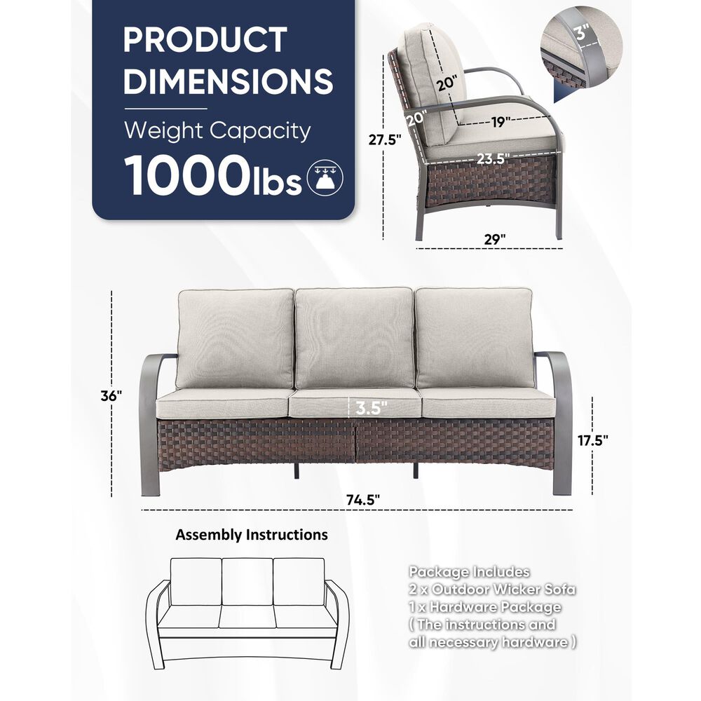 Sunwell Garden 3-Seater Patio Sofa with Curved Armrests in Navy, , large