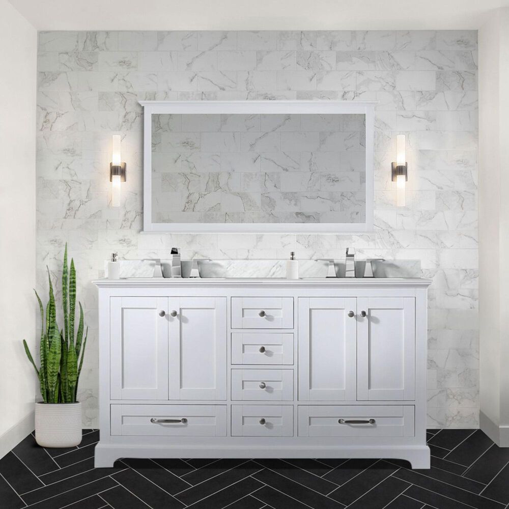 Lexora Home Dukes 60&quot; Double Bathroom Vanity in White with 2 cm White Carrara Marble Top and Rectangular Sinks, , large