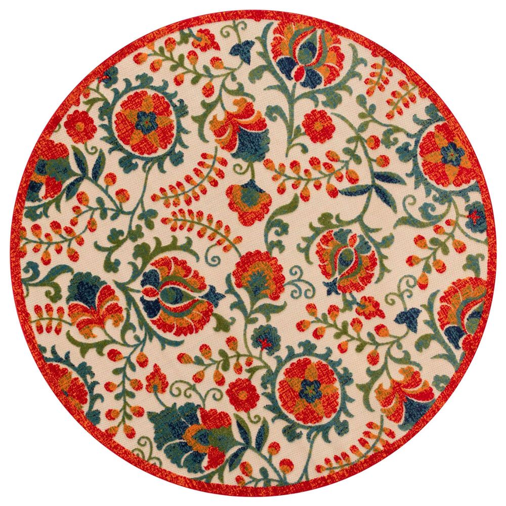 Nourison Aloha 5"3" Round Red and Multicolor Indoor/Outdoor Area Rug, , large