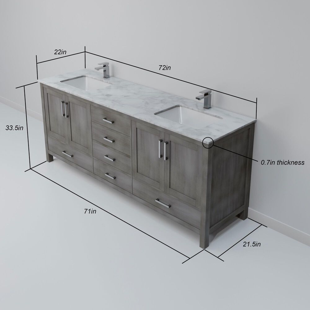 Lexora Home Jacques 72&quot; Double Bathroom Vanity in Distressed Grey with 2 cm White Carrara Marble Top and Rectangular Sinks, , large