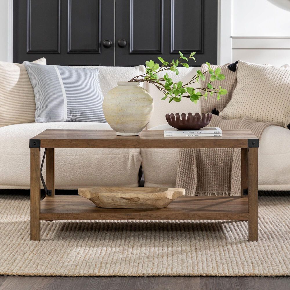 Walker Edison Metal X Coffee Table in Rustic Oak and Black, , large