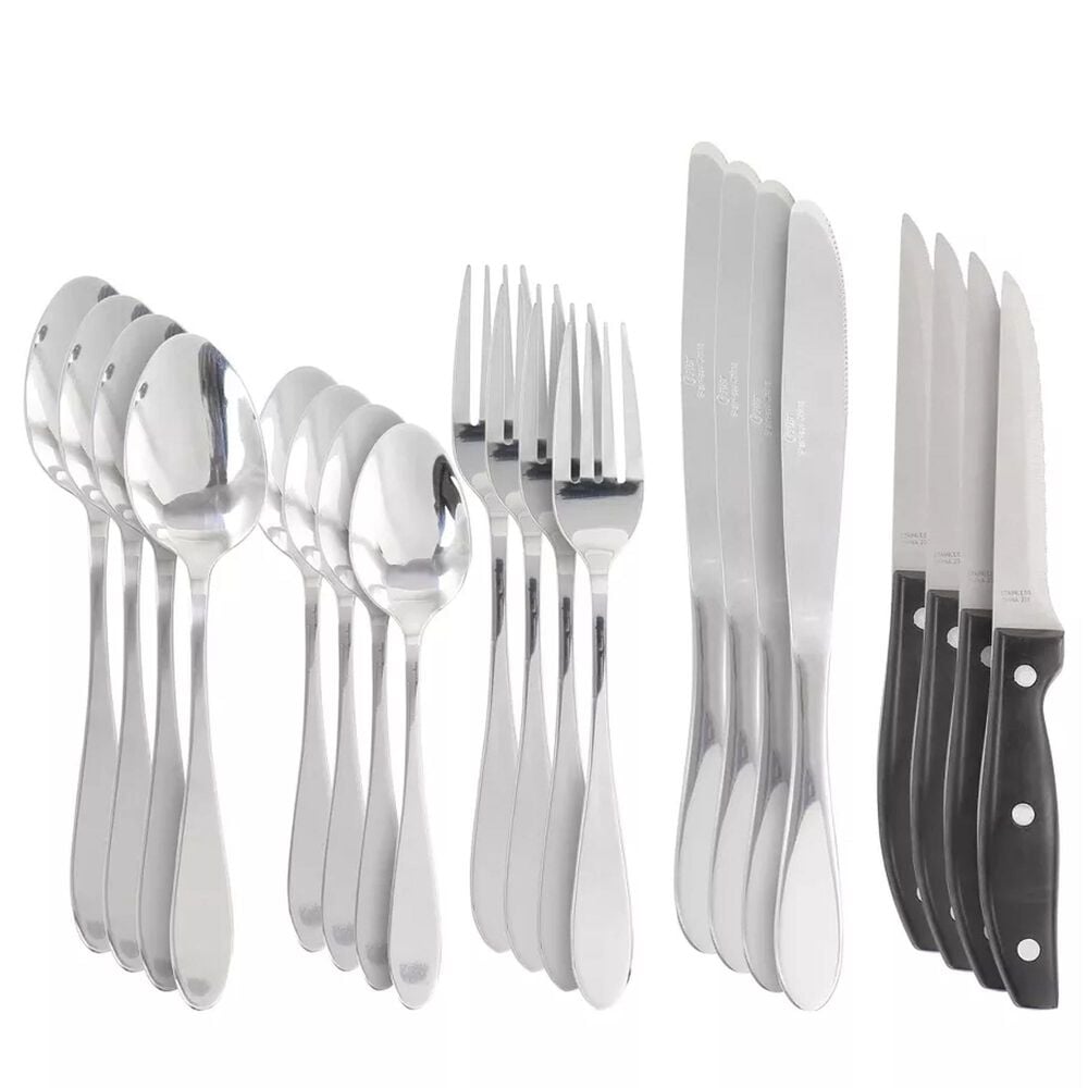 Oster Silvermist 20 Piece Flatware Set with Steak Knives in Stainless Steel, , large