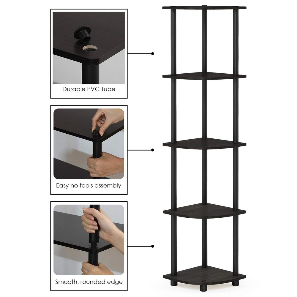 HOMLUX 5-Tier Modern Tall Corner Open Bookshelf in Espresso and Black, , large