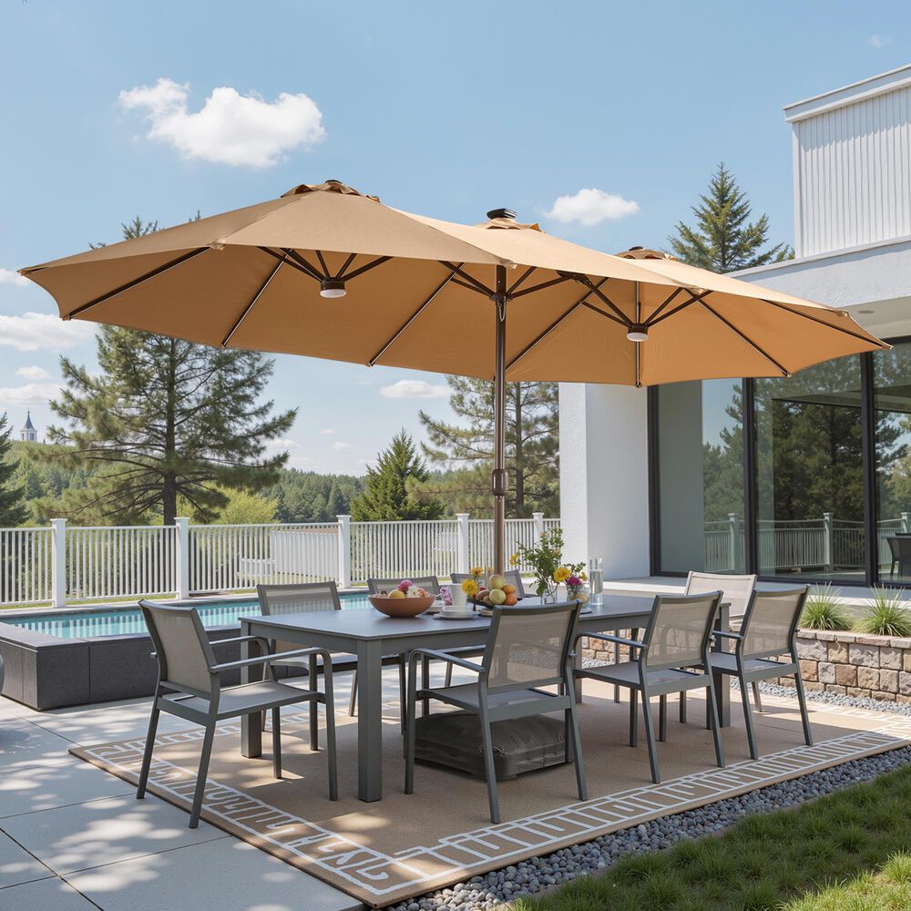 HOMLUX 15' Outdoor Market Umbrella with RGB Lights and Sandbags Base in Beige, , large