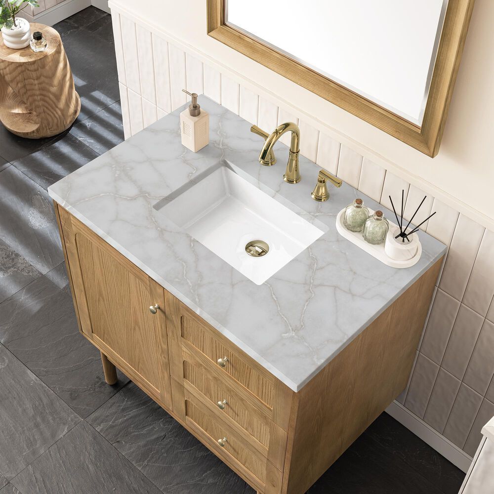 James Martin Vanities Laurent 36" Single Bathroom Vanity in Light Natural Oak with 3 cm Victorian Silver Quartz Top and Rectangular Sink, , large