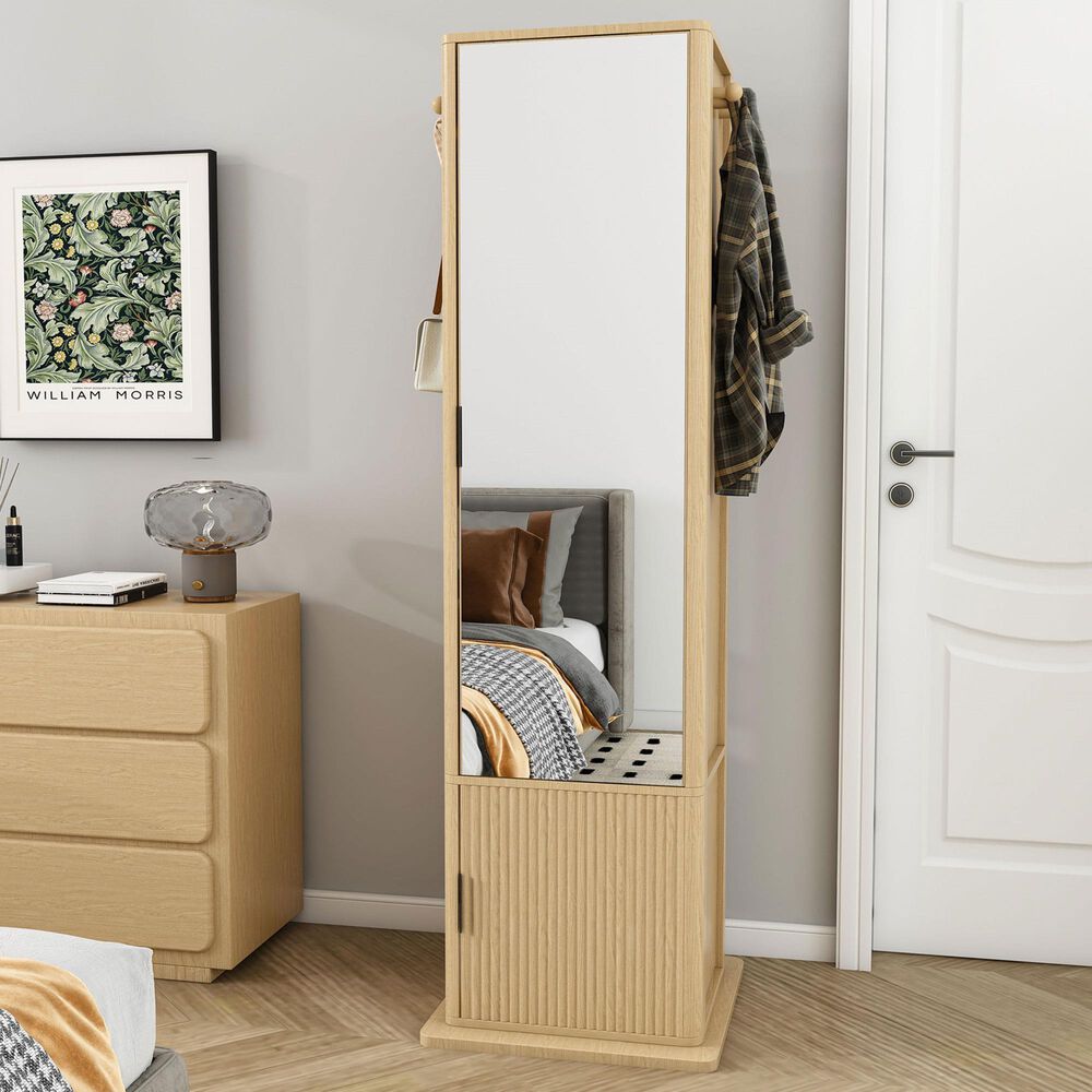 GigaCloud Rotating Jewelry Cabinet with Full-length Mirror, Coat Rack and Shelves in Walnut, , large