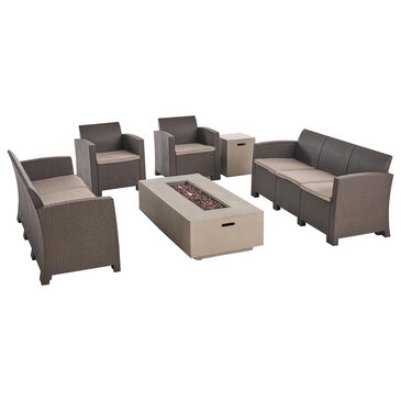 Noble House Hannah 6-Piece Patio Chat Set with Fire Pit in Brown and Light Grey, , large