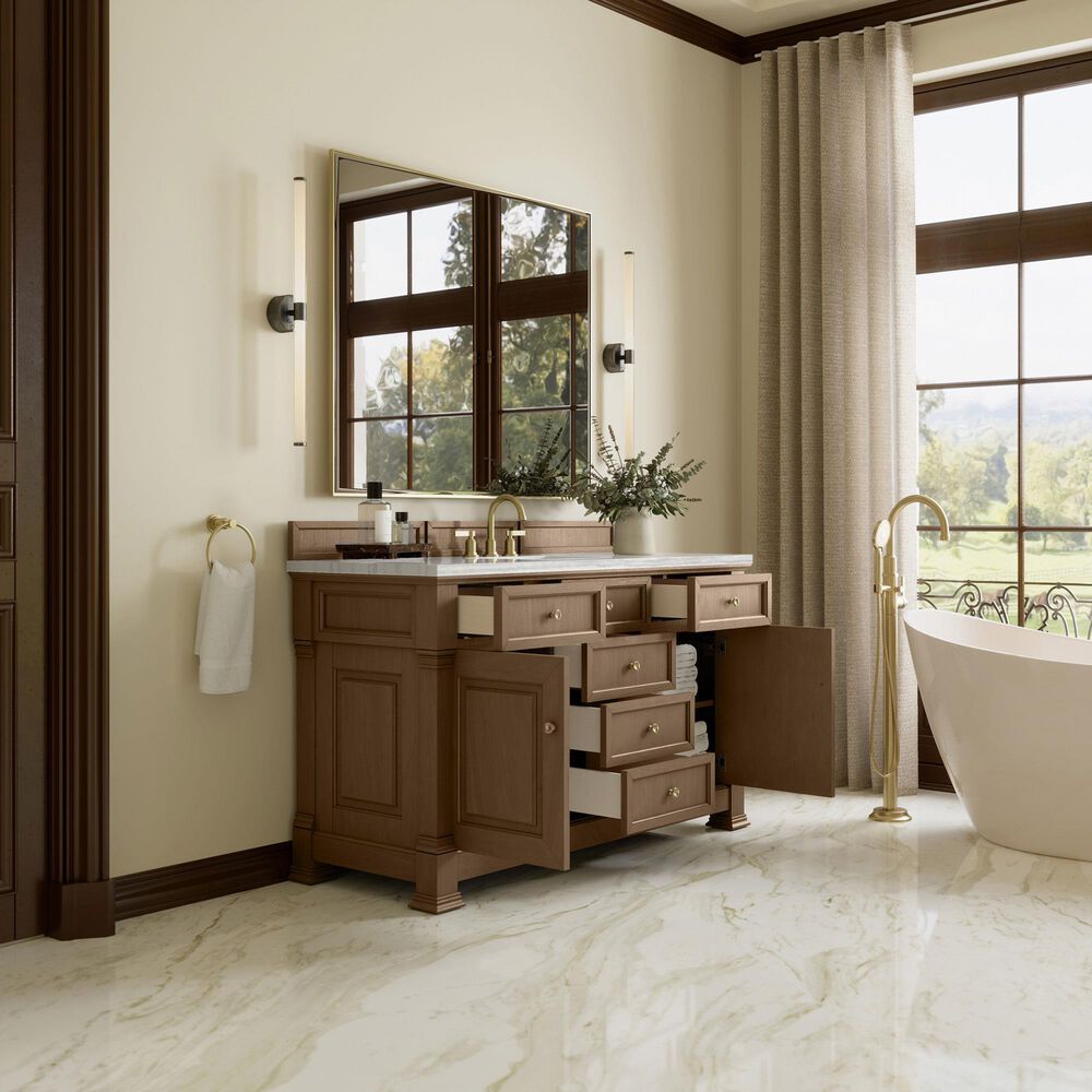 James Martin Vanities Brookfield 60&quot; Single Bathroom Vanity in Pecan with 3 cm Arctic Fall Solid Surface Top and Rectangular Sink, , large