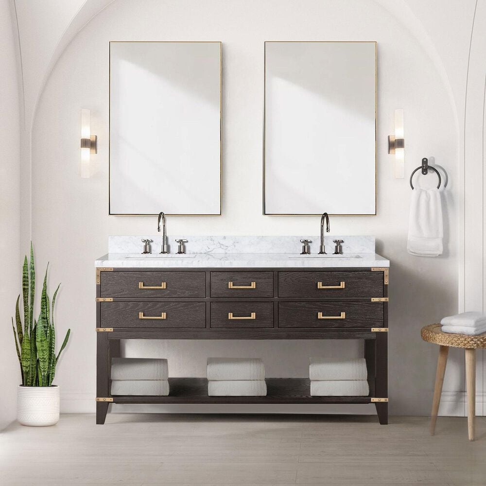 Lexora Home Norwalk 60&quot; Double Bathroom Vanity in Brown Oak with White Carrara Marble Top and Rectangular Sinks, , large
