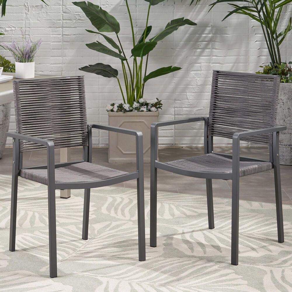 Hearth and Haven Outdoor Modern Aluminum Dining Chair with Dark Gray Rope Weave Seat in Gray &#40;Set of 2&#41;, , large