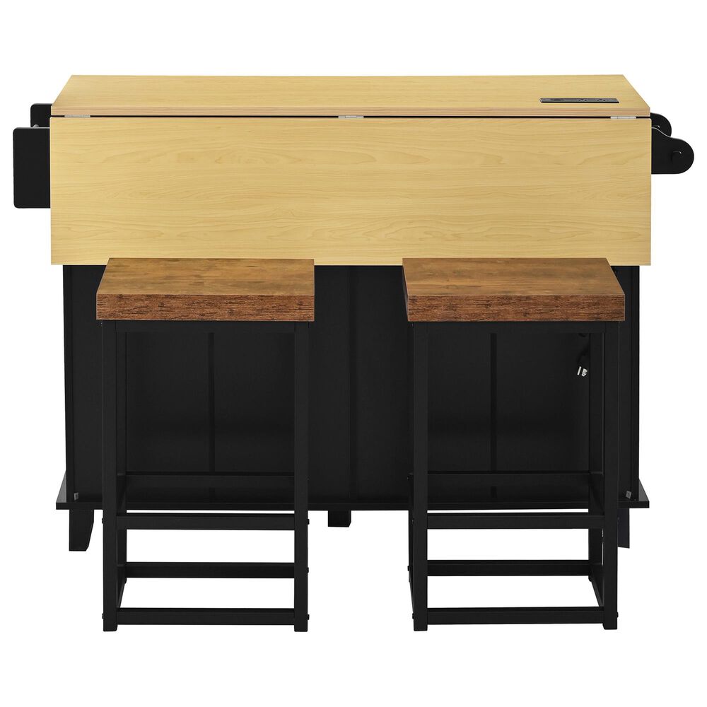 HOMLUX Farmhouse Kitchen Island with Drop Leaf and 2 Stools in Black, Natural and Rustic Brown, , large