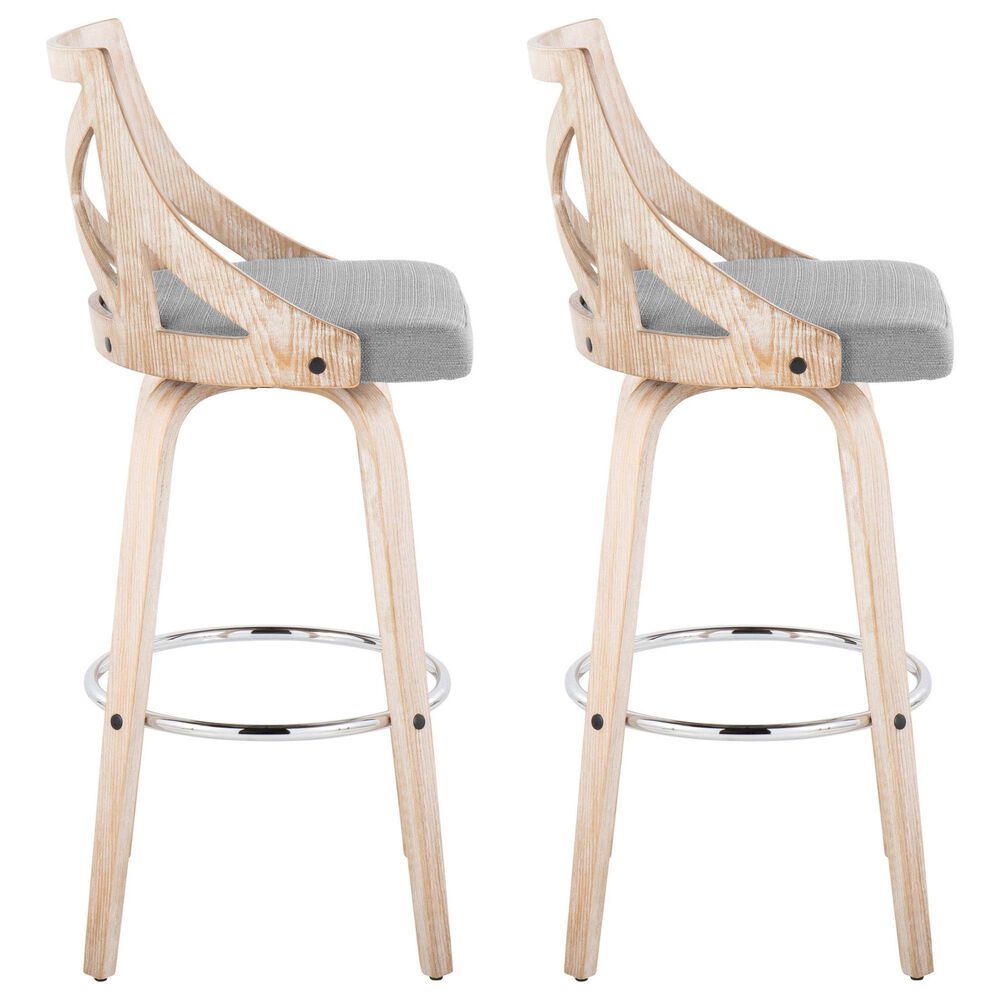 LumiSource Charlotte Swivel Bar Stool with Light Grey Fabric Upholstery in Whitewashed and Chrome (Set of 2), , large
