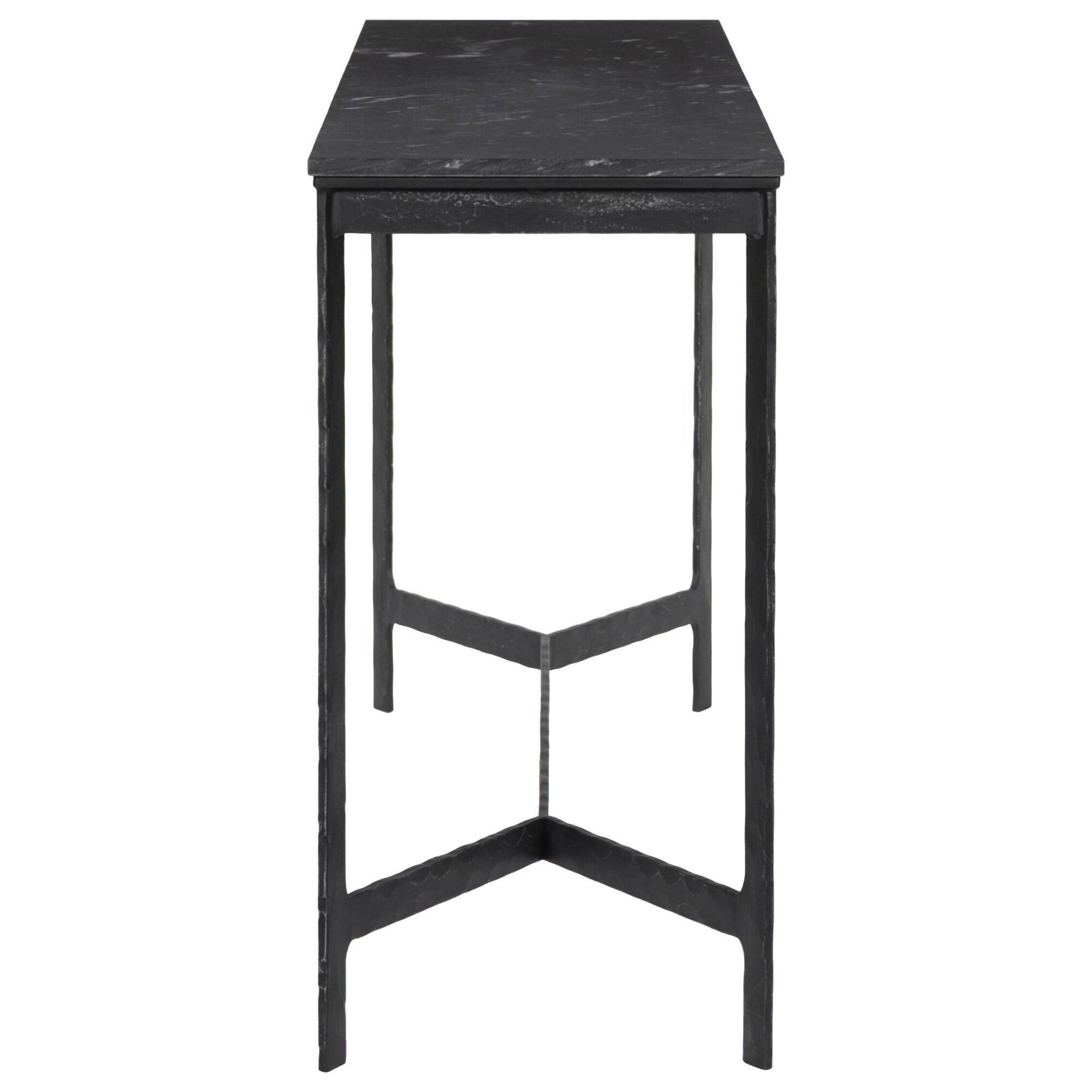 Four Hands Hammered Iron Console Table in Charcoal Marble