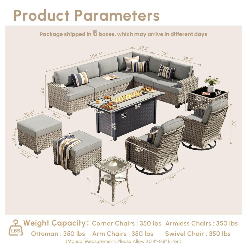 HOMLUX 13-Piece Patio Conversation Set with 54" Fire Pit Table in Dark Gray, , large