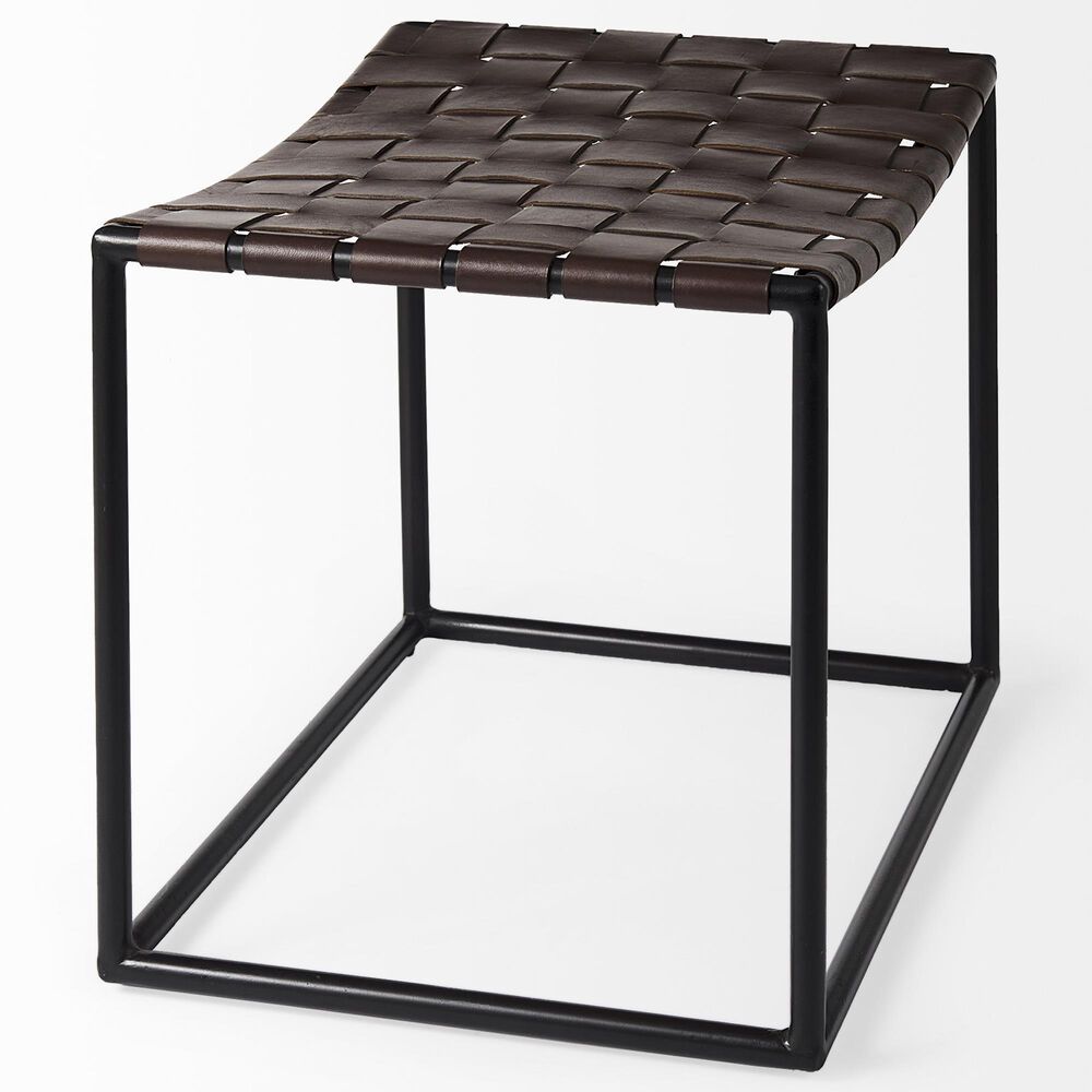Mercana Clarissa Stool with Brown Leather Woven Seat in Black, , large