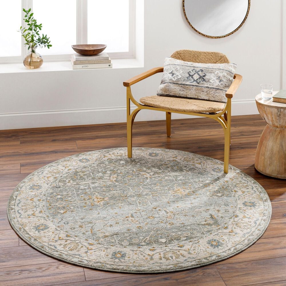 Surya Dresden Deep Teal, Dusty Sage, Taupe, Off-White, Light Gray, Olive and Mustard 5&#39;3&quot; Round Area Rug, , large