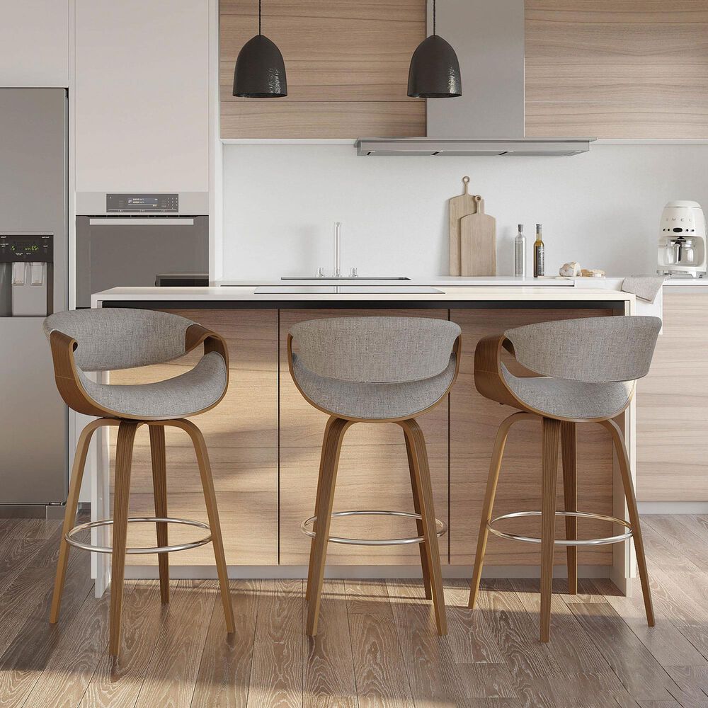 LumiSource Curvini 30" Swivel Barstool with Grey Upholstery in Walnut and Chrome (Set of 2), , large
