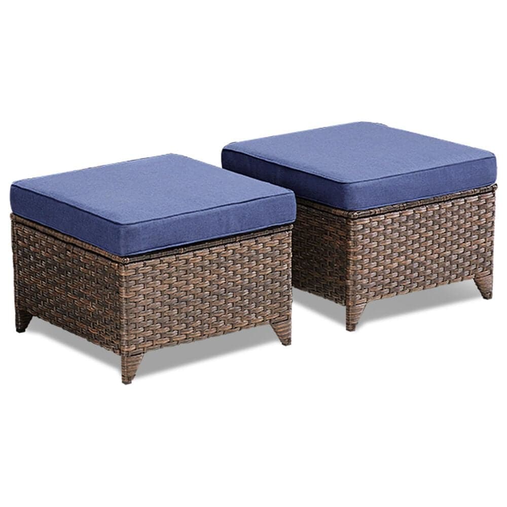 Hearth and Haven Patio Wicker Ottoman with Solid Weave Design in Blue (Set of 2), , large