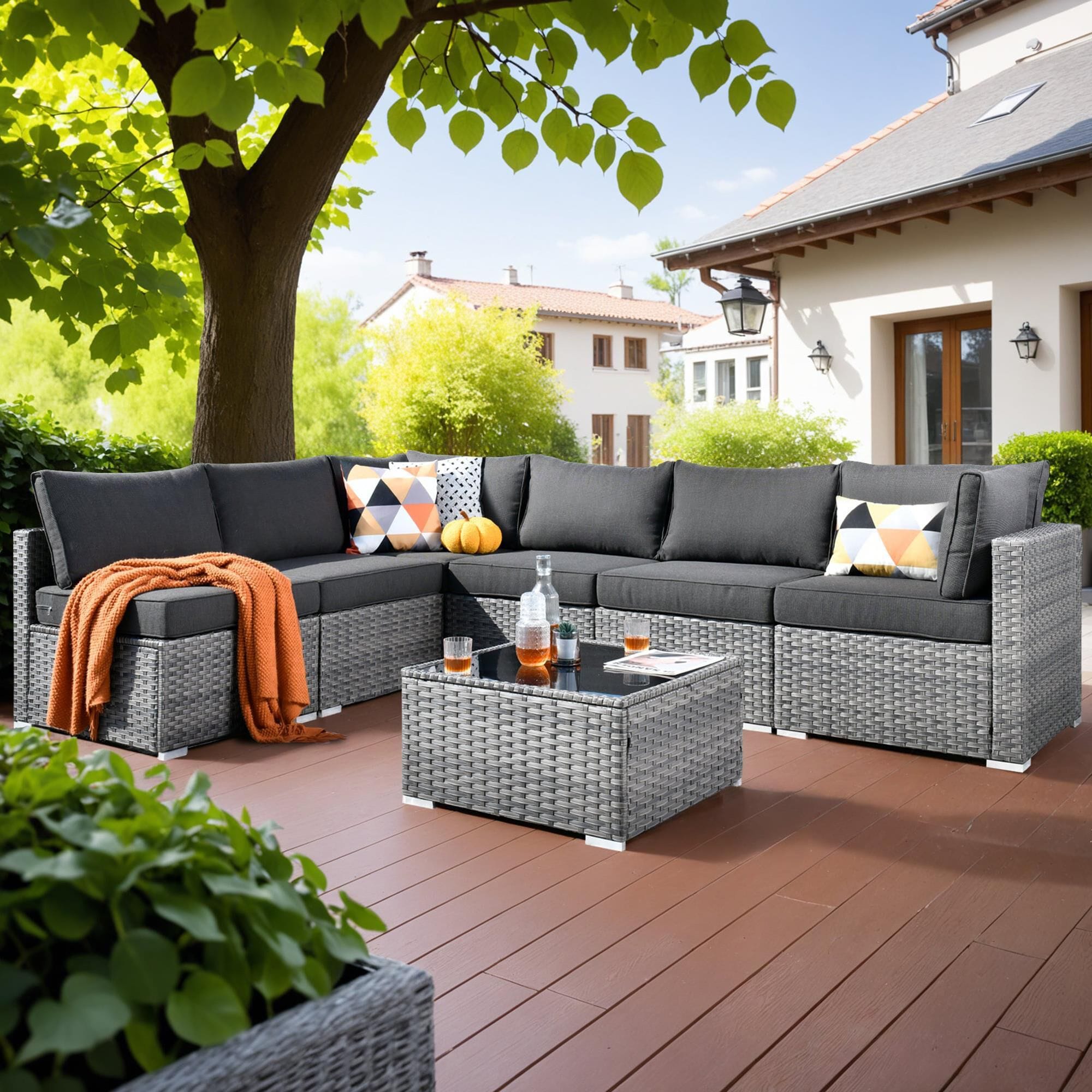 HOMLUX 7-Piece Patio Conversation Set with Grey Wicker in Black