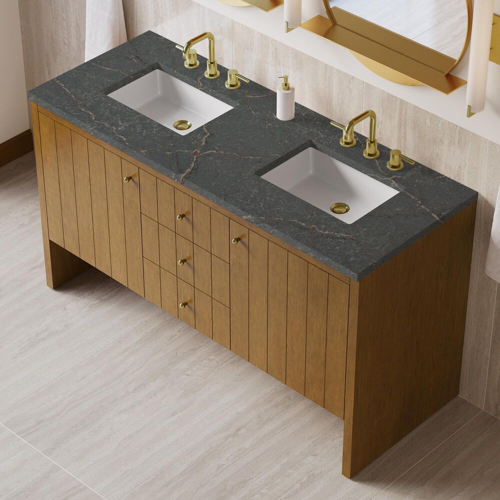 James Martin Hudson 60" Double Bathroom Vanity in Honey Oak with 3 cm Parisien Bleu Silestone Top and Rectangular Sinks, , large