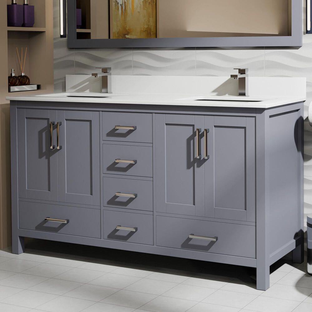 Lexora Home Jacques 60" Double Bathroom Vanity in Dark Grey with 2 cm White Quartz Top and Rectangular Sinks, , large