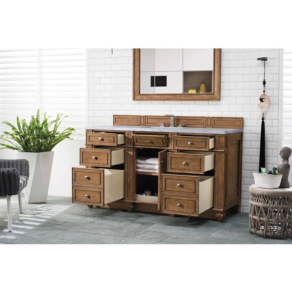 James Martin Vanities Bristol 60&quot; Single Bathroom Vanity in Saddle Brown with 3 cm Carrara White Marble Top and Rectangular Sink, , large