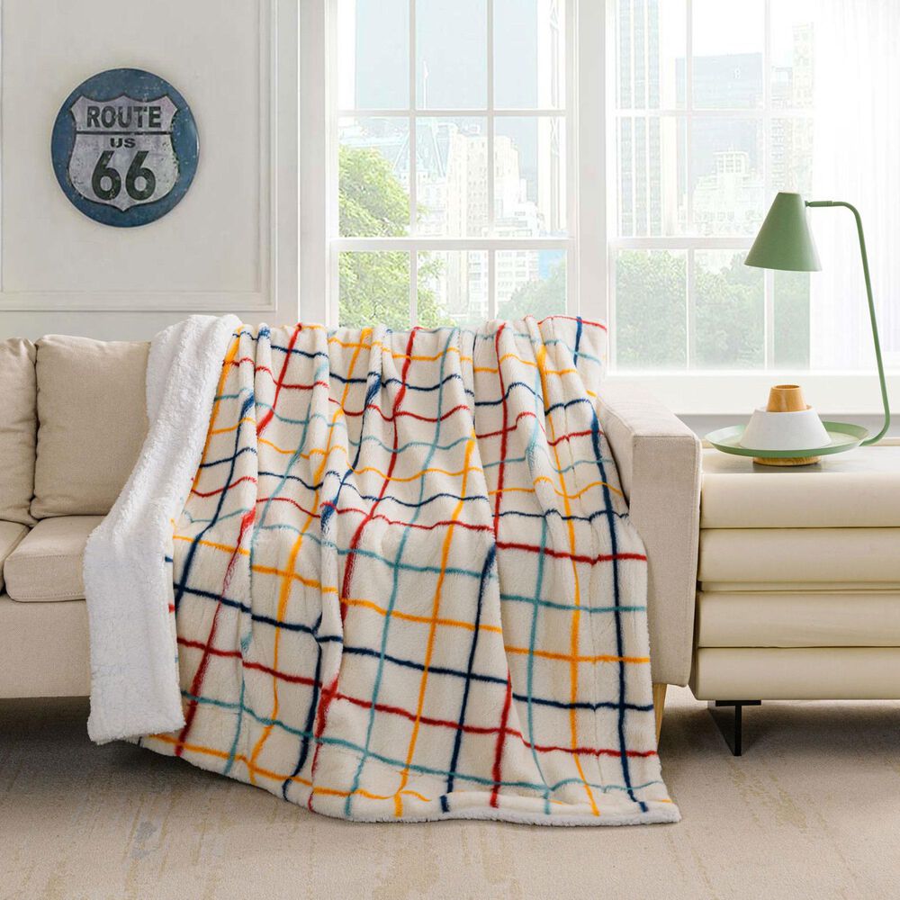 50" x 60" Faux Rabbit Fur Reverse to Sherpa Throw Blanket in Grid, , large