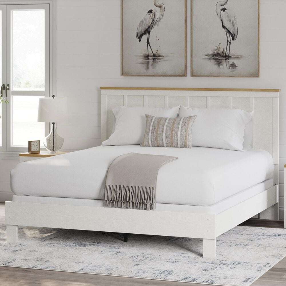 Ashley Linnocreek King Panel Bed in White and Warm Brown, , large