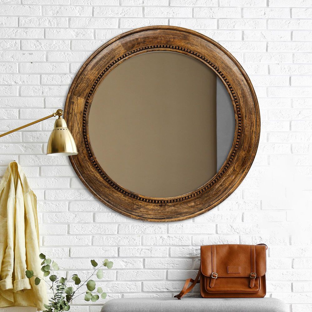 Creative Coop Round Carved Wood Framed Wall Mirror in Rich Walnut, , large