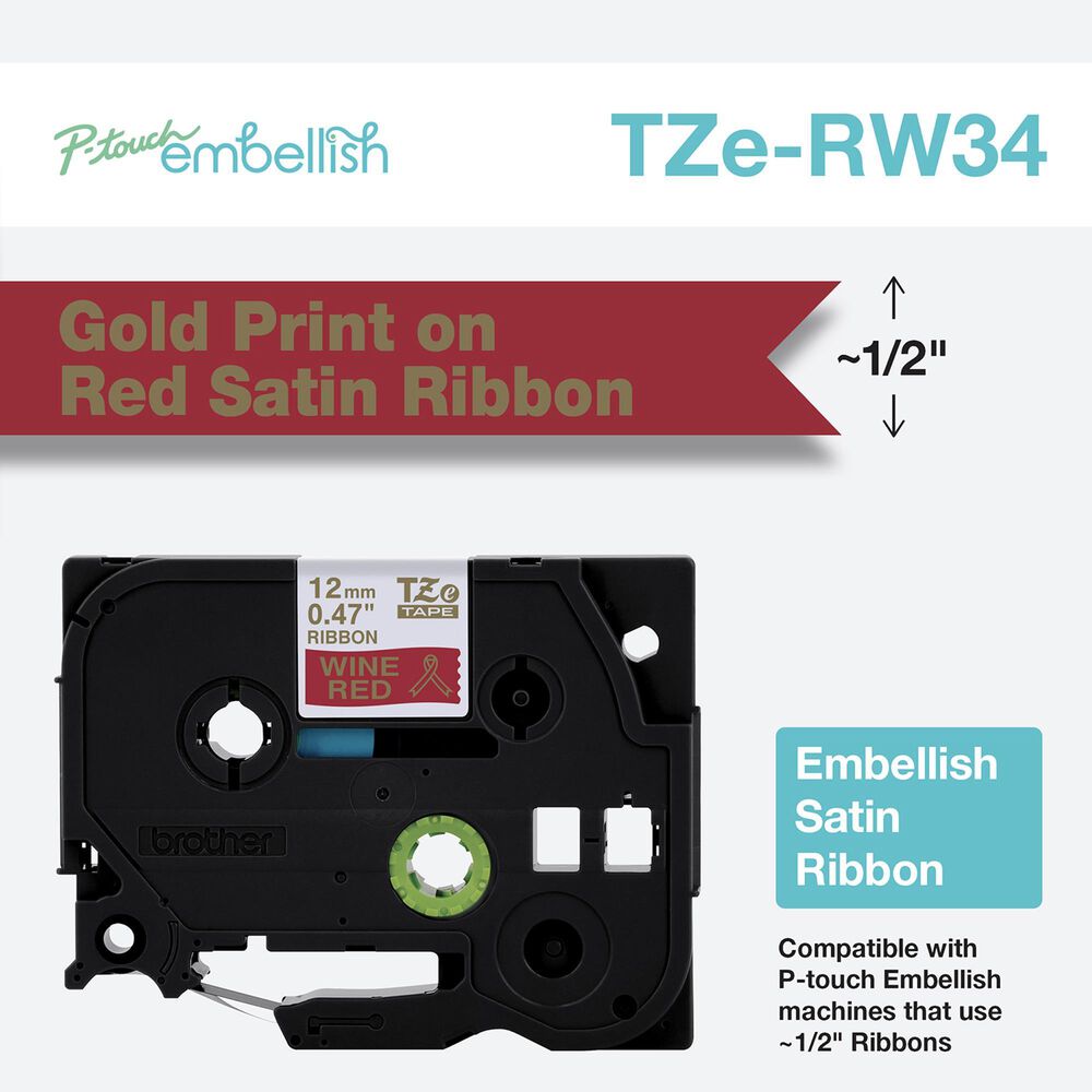 Brother P-touch Embellish Gold on Red Satin Ribbon 12mm, , large