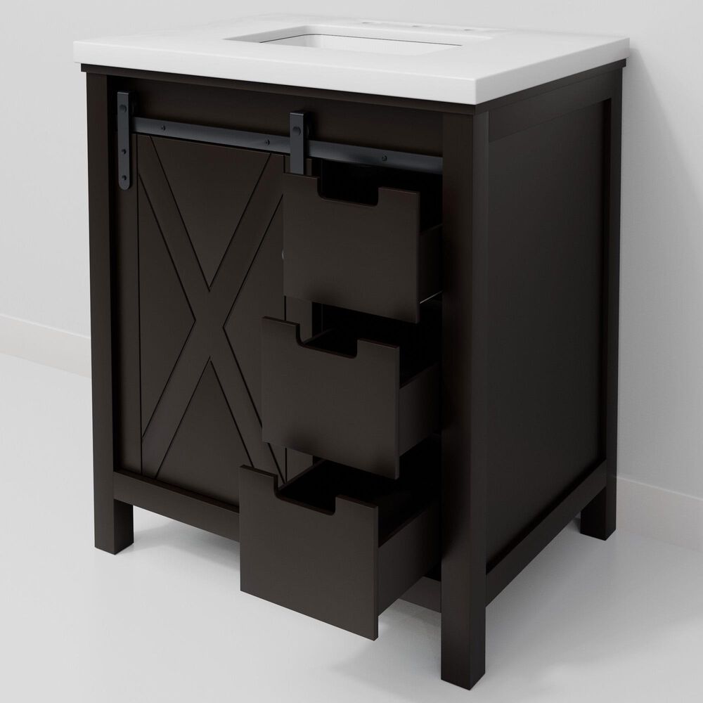 Lexora Home Marsyas 30&quot; Single Bathroom Vanity in Brown with White Quartz Top and Rectangular Sink, , large