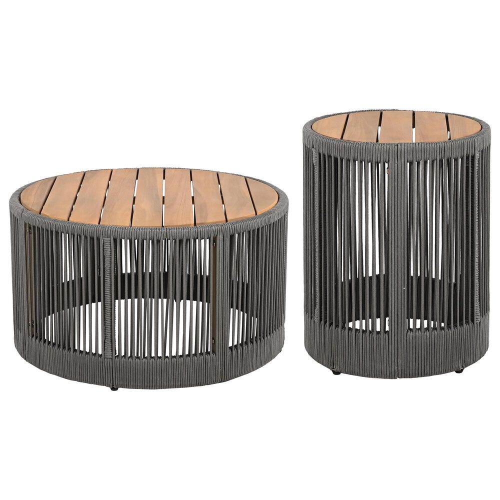 Hearth and Haven 2-Piece Outdoor Coffee Table and Side Table Set with Woven Rope Design in Grey and Teak, , large