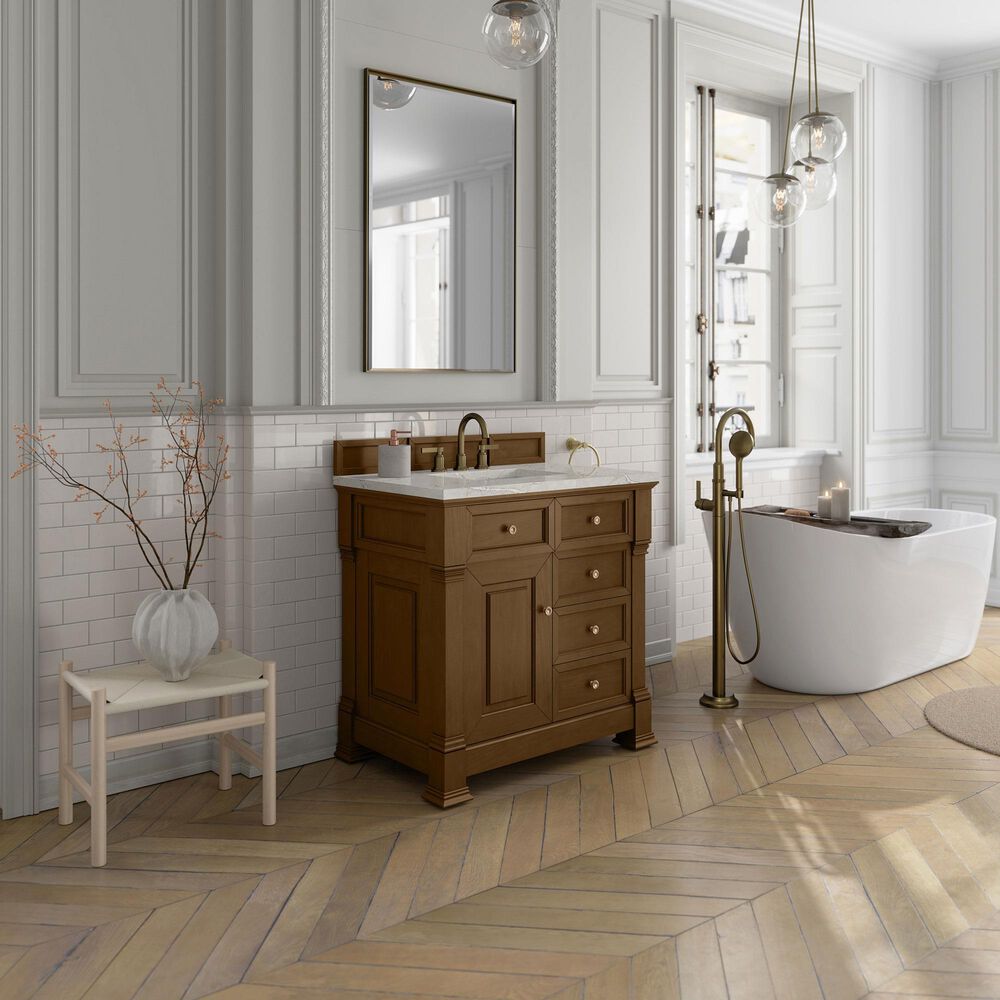 James Martin Vanities Brookfield 36" Single Bathroom Vanity in Honey Oak with 3 cm Victorian Silver Quartz Top and Rectangular Sink, , large