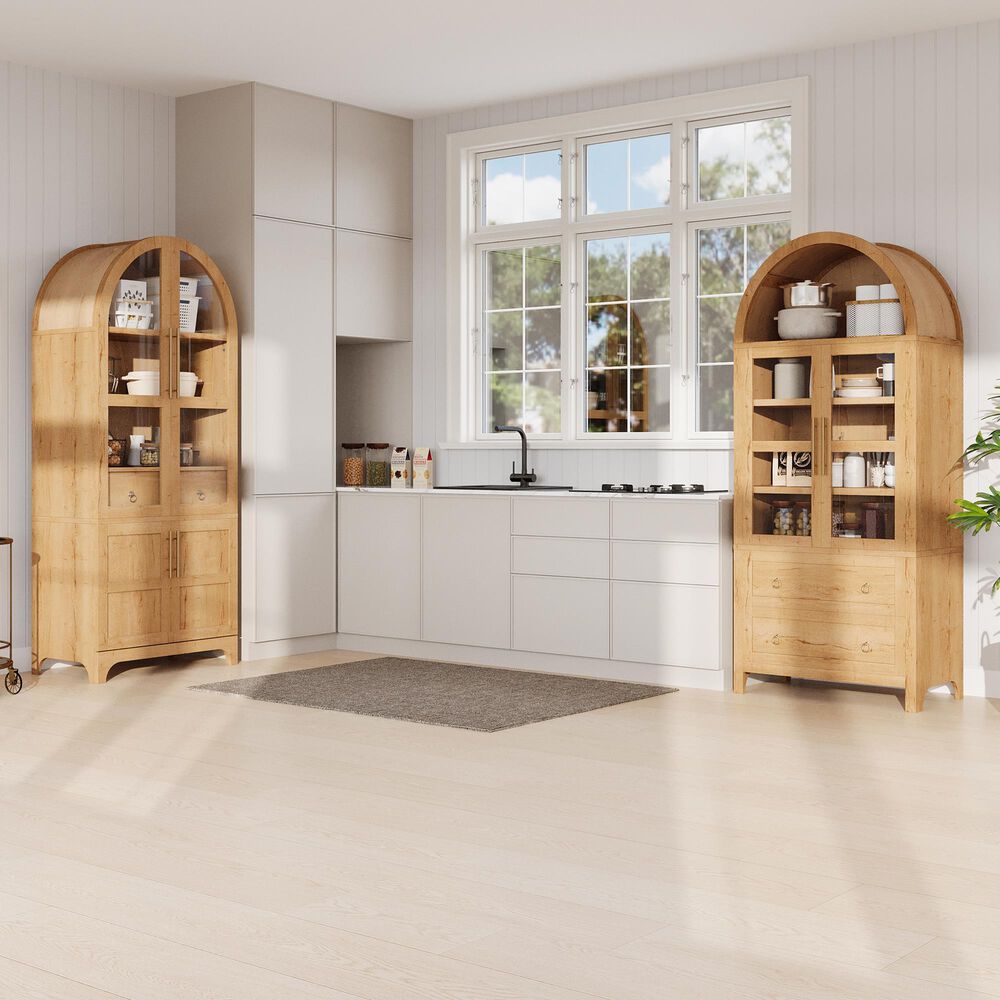 HOMLUX HOMLUX 71" Tall Arched Kitchen Pantry Cabinet with Door Shelves, Farmhouse Kitchen Storage Cabinet with Open &amp; Adjustable Shelves, Hidden Drawer &amp; Glass Door, Cupboard for Kitchen, Dining Room, Natural, , large