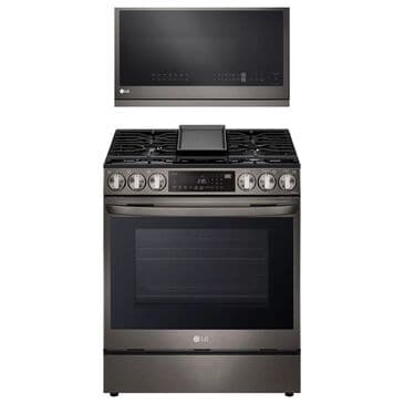 LG 2-Piece Kitchen Package with 6.3 Cu. Ft. Gas Range and 2.1 Cu. Ft. Over-the-Range Microwave in Print Proof Black Stainless Steel, , large